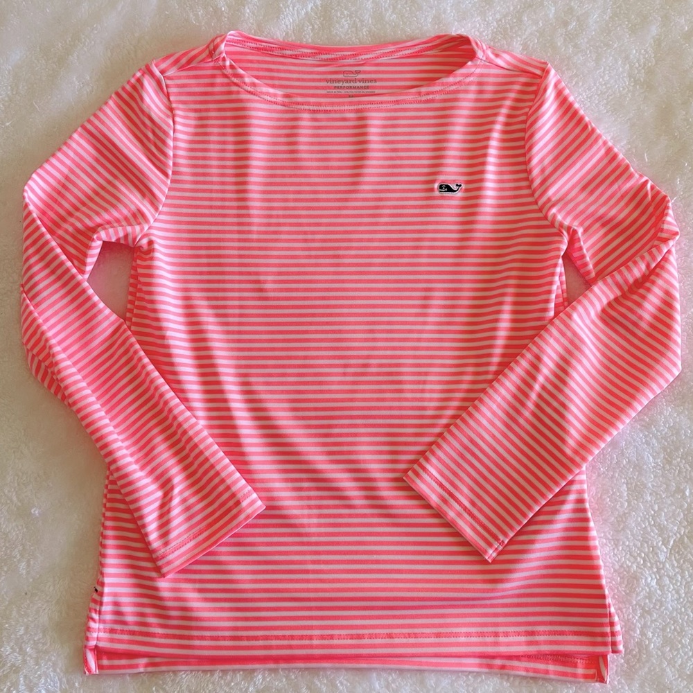 Vineyard Vines Pink/White Strip Performance Top - Girls 10-12